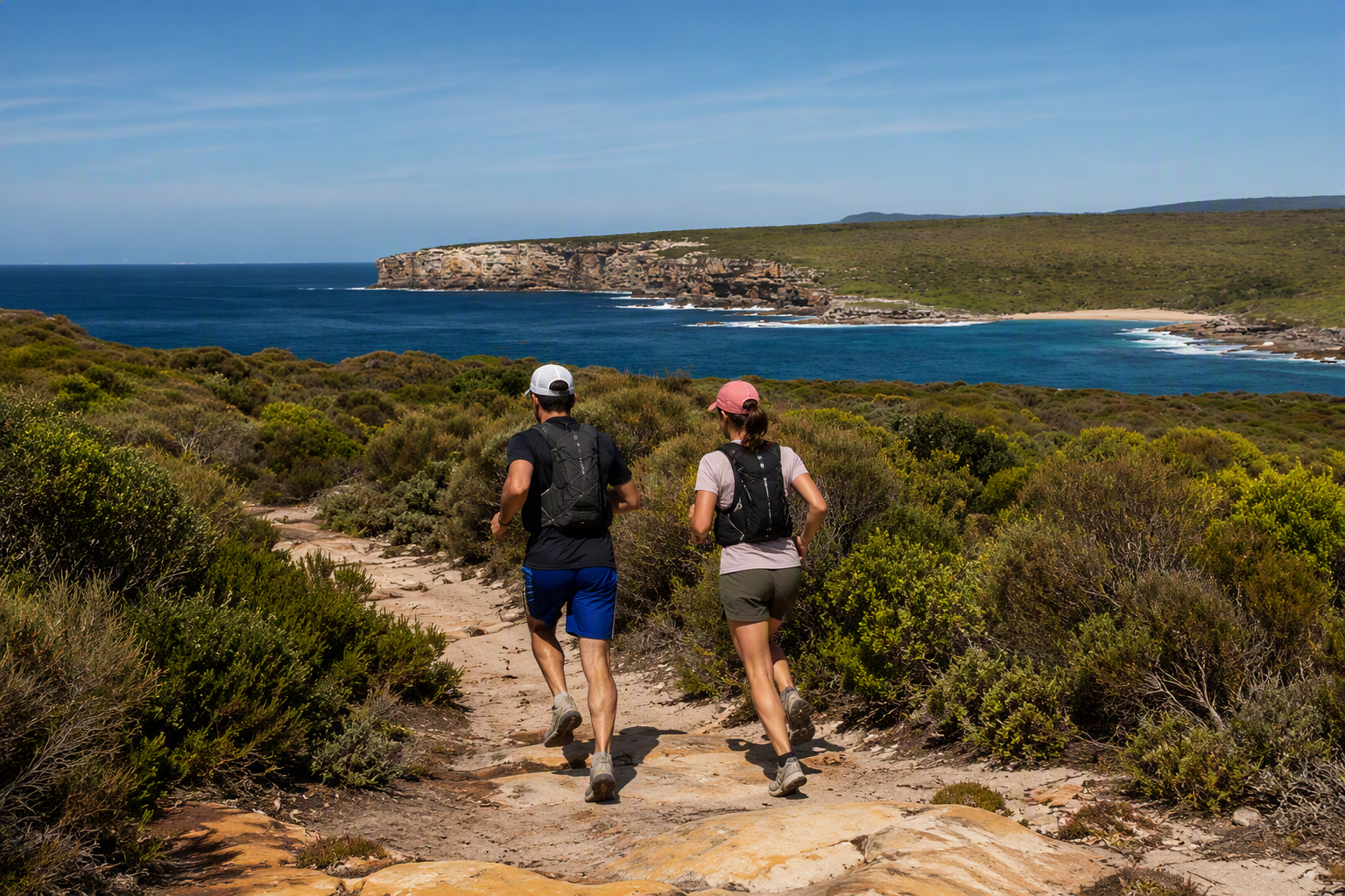 Two trail runners crossing coastal heathland above the ocean in Royal National Park