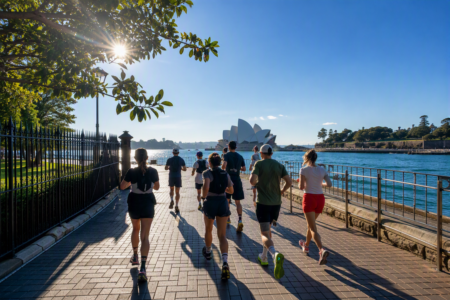 A group of runners following the harbour foreshore towards the Sydney Opera House