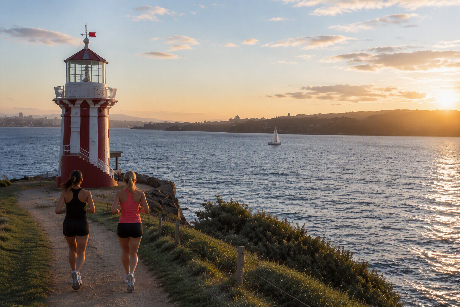 Two runners on the coastal path towards The Horn lighthouse at Watsons Bay on the Hermitage Foreshore route