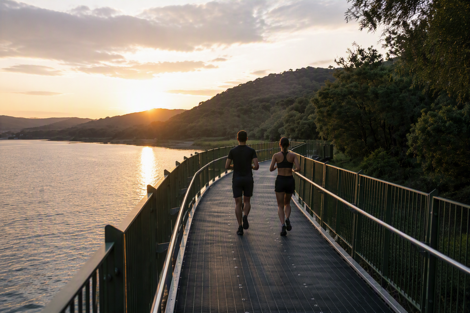 Two runners on the Narrabeen Lagoon boardwalk at sunset