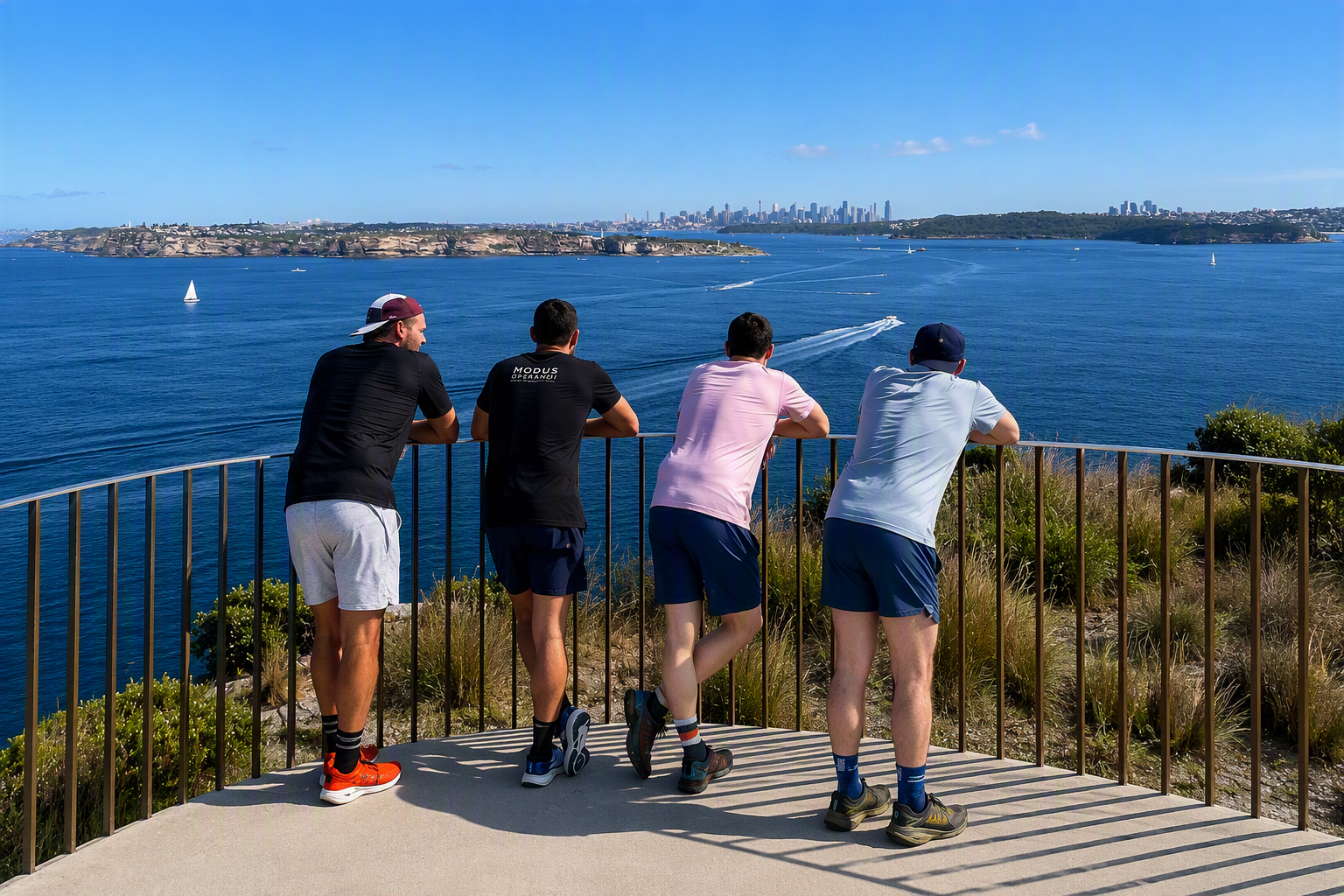 Four runners taking in Sydney Harbour and the city skyline from North Head