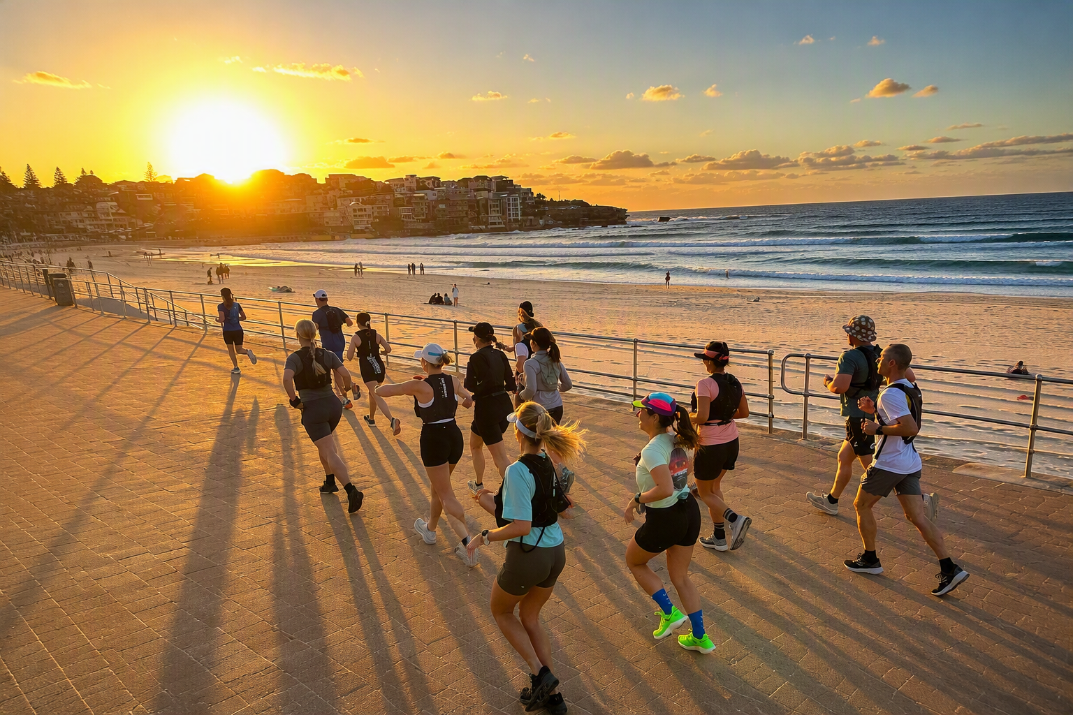 Runners passing Bondi Beach at sunrise on the Bondi to Coogee route