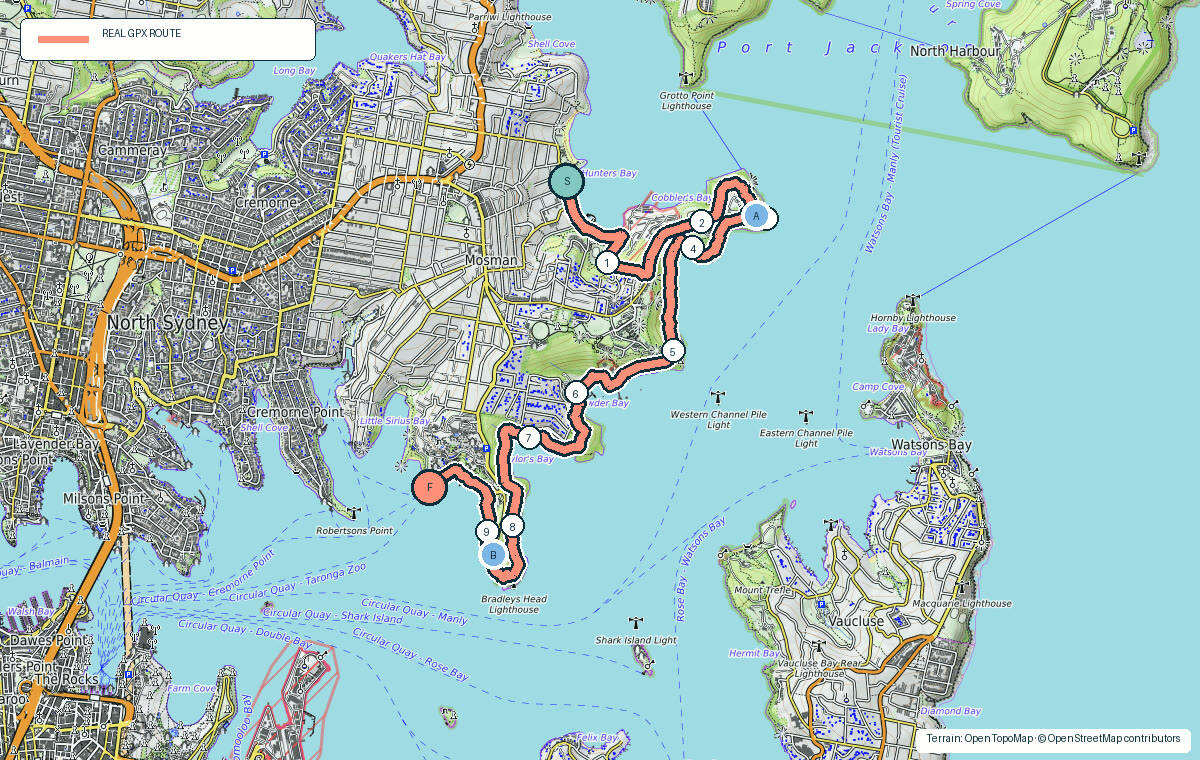 Terrain map of Balmoral to Taronga Zoo showing the real GPX route, kilometre markers and photo stops