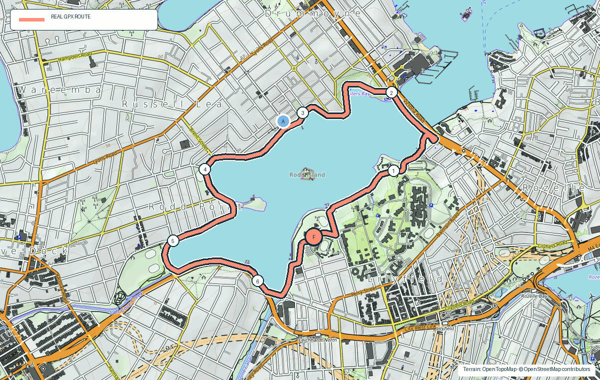 Terrain map of The Bay Run showing the real GPX route, kilometre markers and photo stops