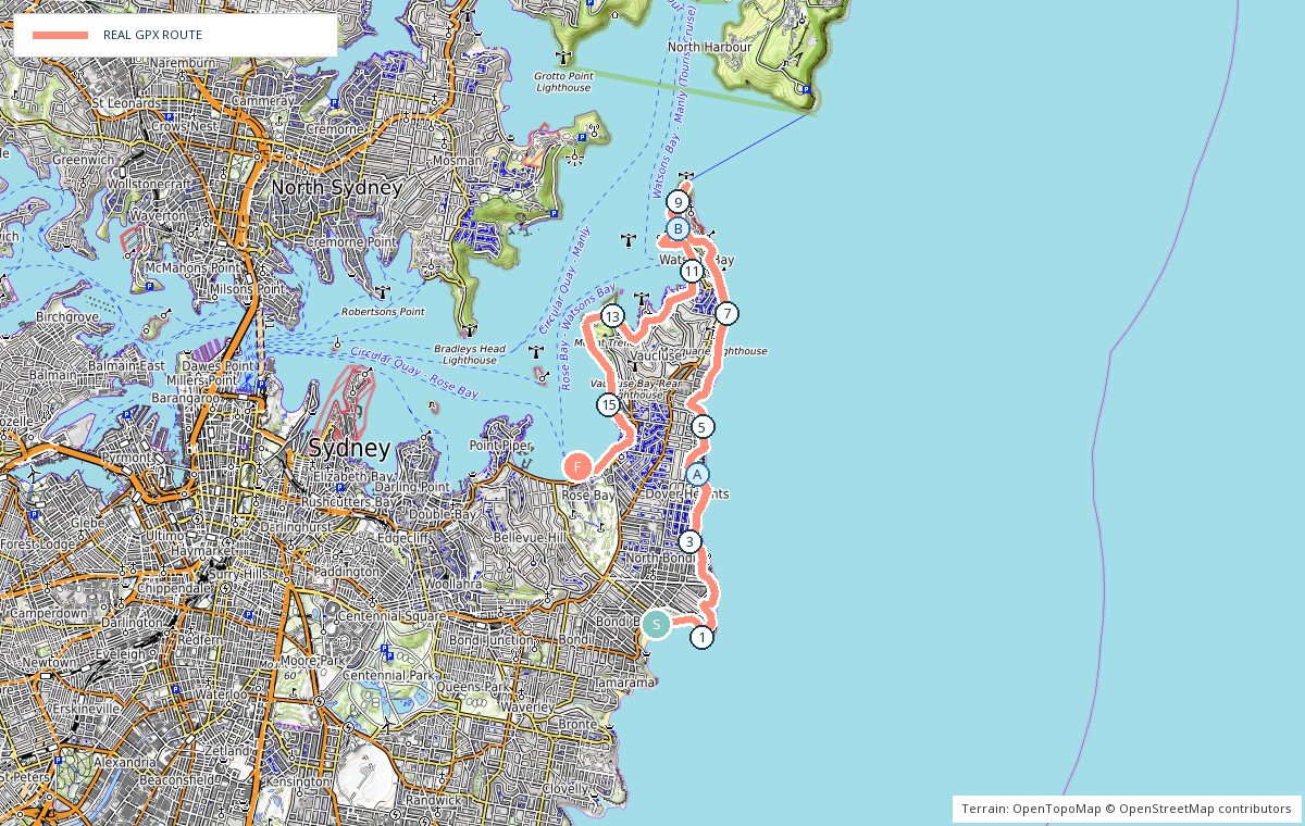 Terrain map of Bondi Beach to Rose Bay showing the real GPX route, kilometre markers and photo stops