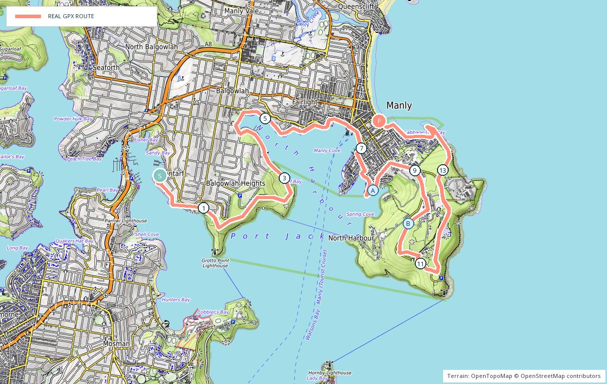 Terrain map of Clontarf Reserve to Manly showing the real GPX route, kilometre markers and photo stops