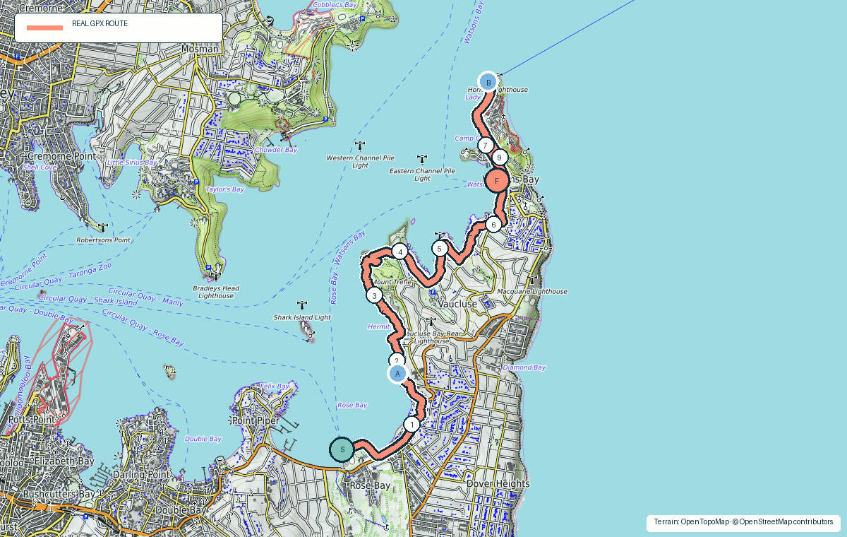 Terrain map of Hermitage Foreshore showing the real GPX route, kilometre markers and photo stops