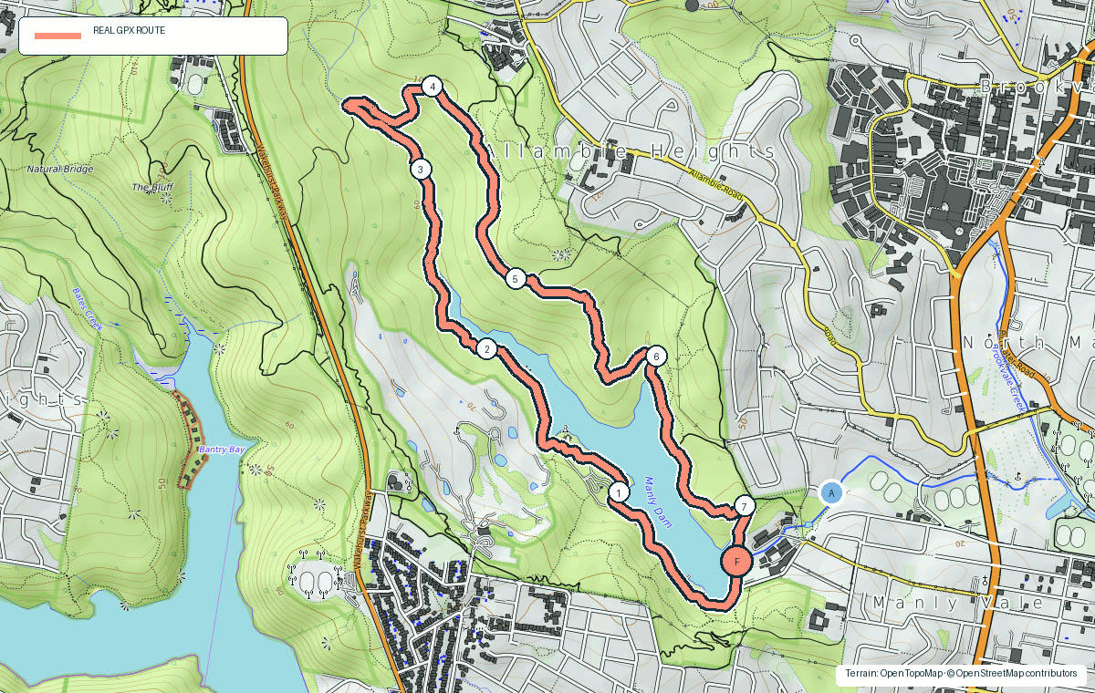 Terrain map of Manly Dam Circuit showing the real GPX route, kilometre markers and photo stops