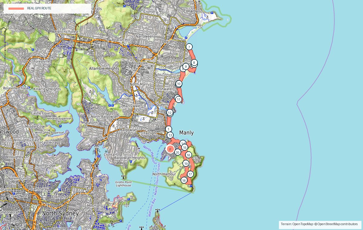 Terrain map of Manly to Dee Why return showing the real GPX route, kilometre markers and photo stops