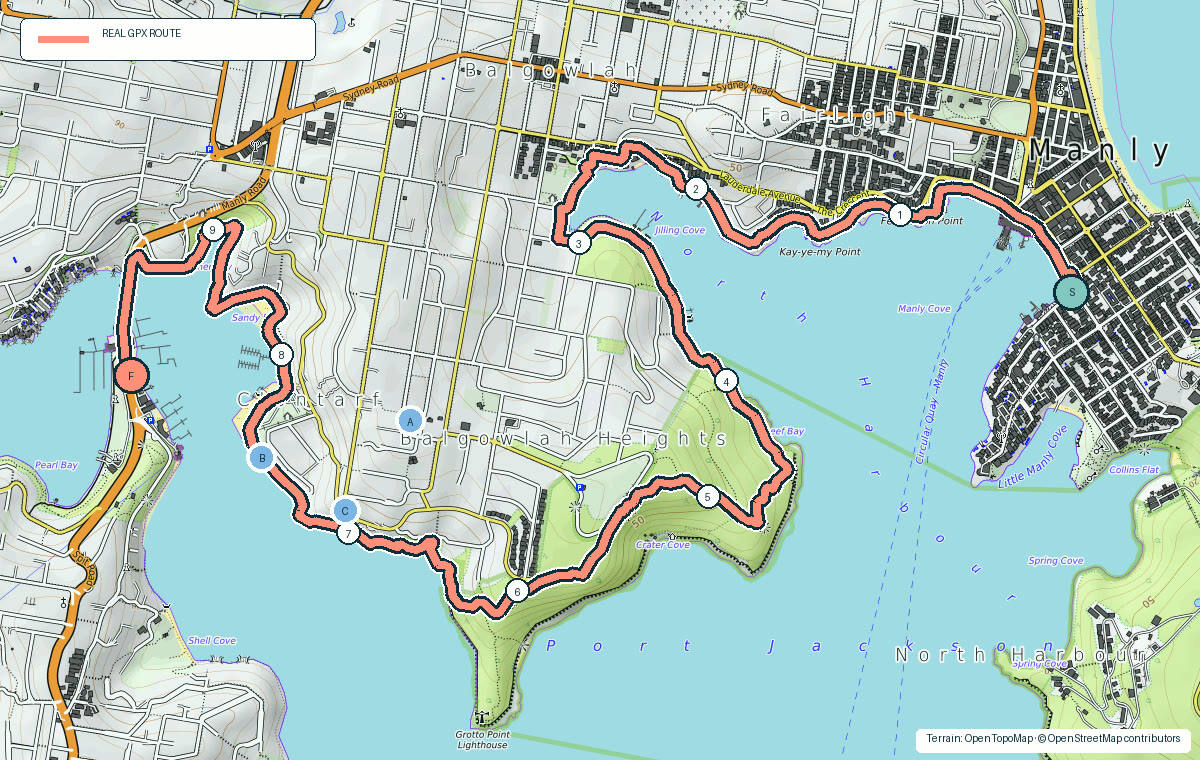 Terrain map of Manly to Spit Bridge showing the real GPX route, kilometre markers and photo stops