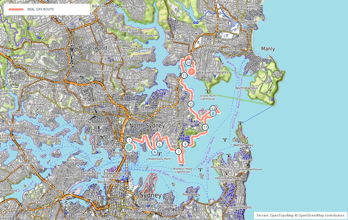 Terrain map of Milsons Point to Clontarf Reserve showing the real GPX route, kilometre markers and photo stops
