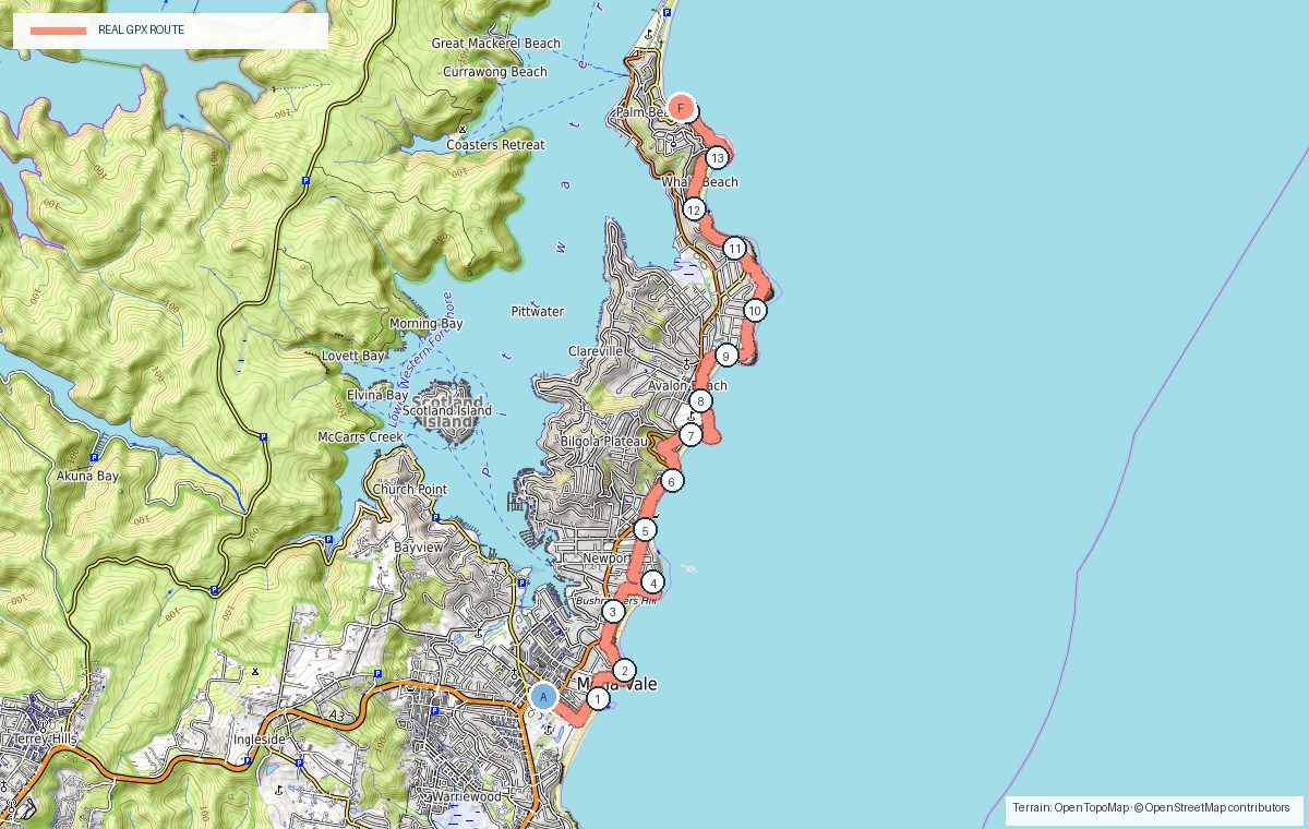 Terrain map of Mona Vale to Palm Beach showing the real GPX route, kilometre markers and photo stops
