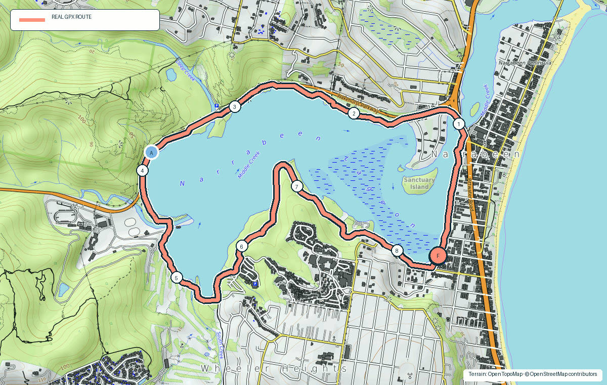 Terrain map of Narrabeen Lagoon Trail showing the real GPX route, kilometre markers and photo stops