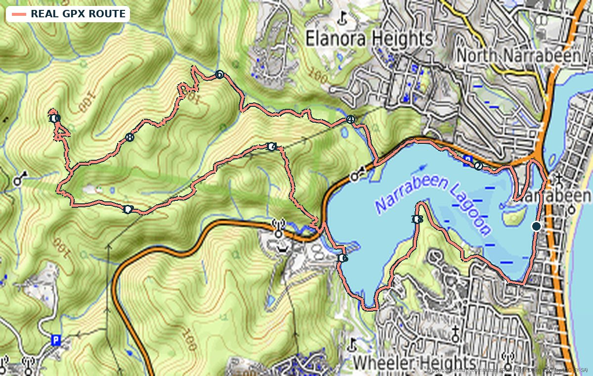 Terrain map of Narrabeen trail 20k loop showing the real GPX route, kilometre markers and photo stops