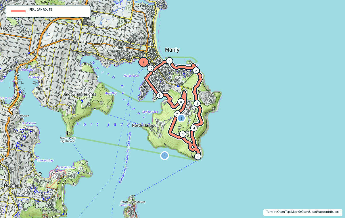 Terrain map of North Head Circuit showing the real GPX route, kilometre markers and photo stops