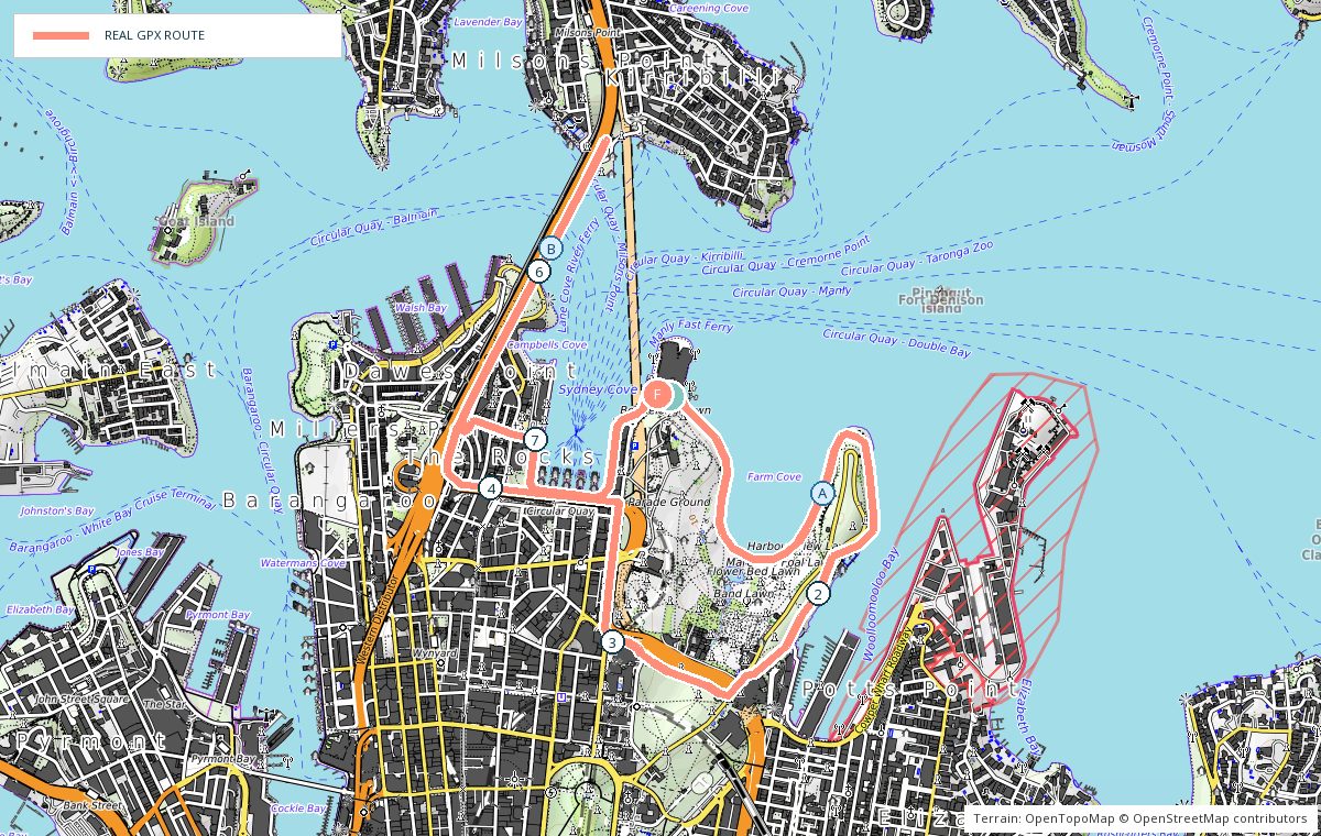 Terrain map of Opera House, Botanic Gardens and Harbour Bridge showing the real GPX route, kilometre markers and photo stops
