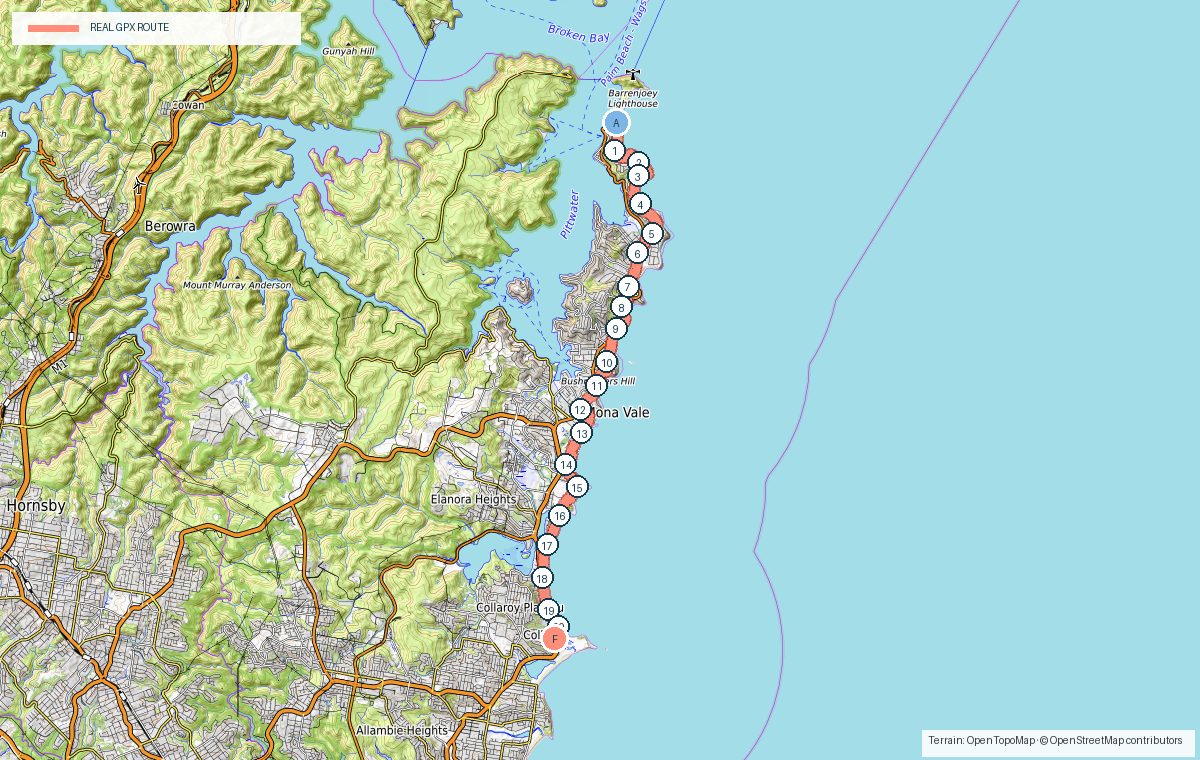 Terrain map of Palm Beach to Collaroy showing the real GPX route, kilometre markers and photo stops