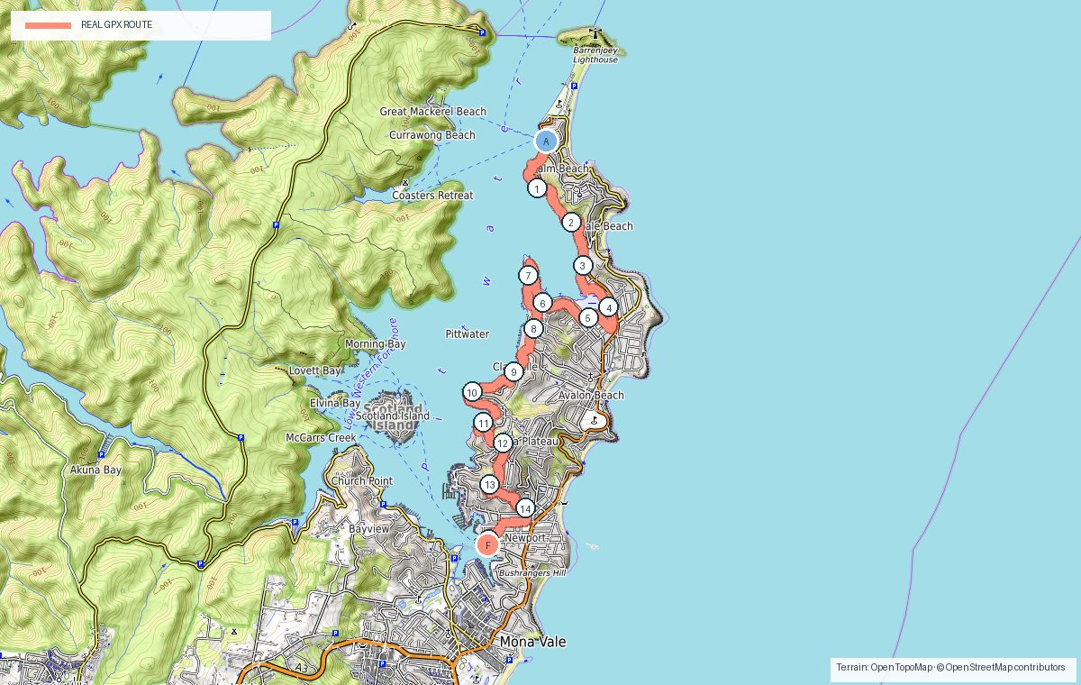 Terrain map of Palm Beach to Newport via Pittwater showing the real GPX route, kilometre markers and photo stops