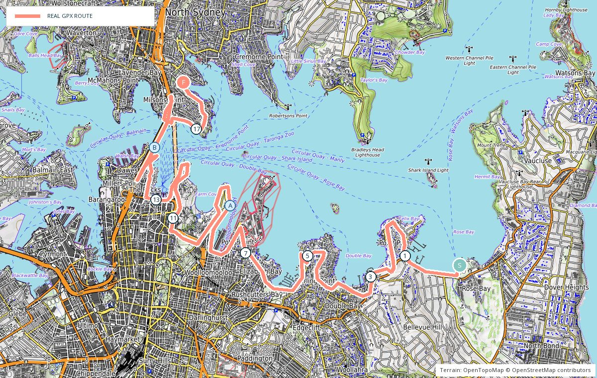 Terrain map of Rose Bay to Milsons Point showing the real GPX route, kilometre markers and photo stops