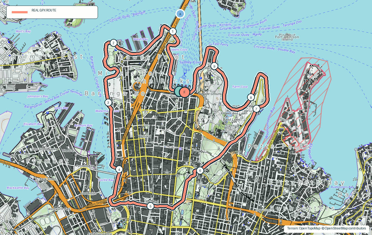 Terrain map of Sydney Harbour Loop showing the real GPX route, kilometre markers and photo stops